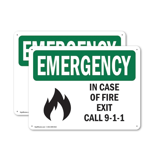Signmission Exit Sign, Plastic, 10 in W, 7 in H, In Case Of Fire Exit Call 9-1-1 OS-2PACK-EM-P-710-L-10340 - main